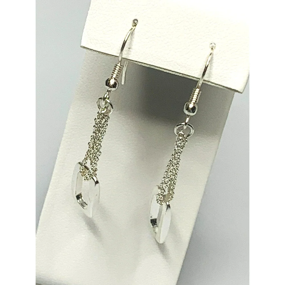 Silver Toned Hook Earrings with a Rectangle Charm Looped in Chains